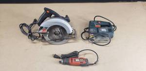 lot 45 image: Lot of 3 Power Tools  Circular Saw, Jig Saw and a Rotary Tool