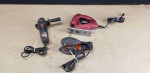 lot 83 image: Lot of 3 Power Tools  Jig Saw,  Angle Grinder and Palm Sander, All Tested