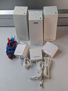lot 275 image: Lot of 3 - Linksys Velop Intelligent Mesh WiFi System 7.5 Tower Tri-Band White WHW03 V2