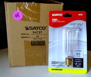 lot 46 image: NEW BOX OF 10 - Satco S4727 Satco 15T6-12N Carded 15 Watt T6.5 145 Volt E12 Candelabra Base Clear 2500 Hour Tubular Incandescent Light Bulb