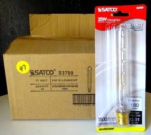 lot 47 image: NEW 10 UNIT BOX - Satco S3709 25W Tubular Clear Incandescent Appliance 180 Lumens Bulb (10X$)