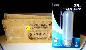 lot 64 image: NEW BOX OF 6 - 25-Watt T10 Frosted Incandescent Appliance Light Bulb - Feit Electric