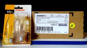lot 65 image: NEW CASE OF 12 BULBS (6 X 2 PACKS) - Torpedo Bulb SYLVANIA 60w Candelabra Base Clear