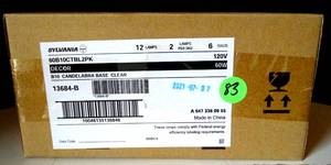 lot 83 image: NEW - CASE OF 6 PKS (12 BULBS) - SYLVANIA 60-Watt Dimmable B10 Decorative Incandescent Light Bulb (2-Pack) Item #554478  Model #16224
