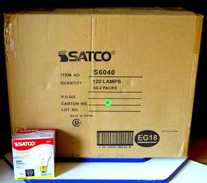 lot 86 image: BIG $ LOT - NEW CASE OF 120 BULBS (60 -2PKS) SATCO S6040 25W 120V A19 Clear E26 Medium Base Incandescent - 2 bulbs (X$)
