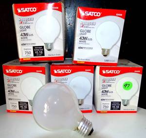 lot 97 image: Satco Incandescent Halogen Light Bulb (02438) 43 watt - 120 volt - G25 - Medium Screw (E26) Base - 2,900K - Warm White - Globe - Decor (5X$)