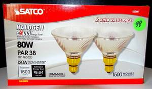 lot 98 image: Satco S2260 80 Watt (120 Watt) 1600 Lumens PAR38 Flood 30 Degrees Clear Light Bulb, 2-Pack