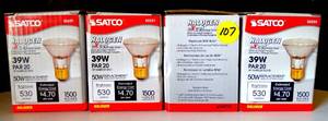 lot 107 image: NEW - Satco S2231 39 Watt (50 Watt) 530 Lumens PAR20 Halogen Narrow Spot 10 Degrees Clear Light Bulb, Dimmable (4X$)