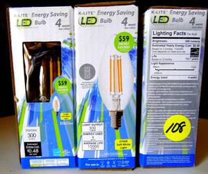 lot 108 image: K-LITE Energy Saving LED Candle Bulb 40mA 4W (40 Watt) 2700K 300 Lumen Dimmable  - LOT OF 3