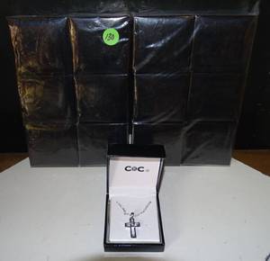 lot 130 image: NEW- ONE DOZEN - LOVELY SILVER TONE CROSS WITH DIAMOND GEMSTONES & CHAIN IN INDIVIDUAL GIFT BOX (12x$)
