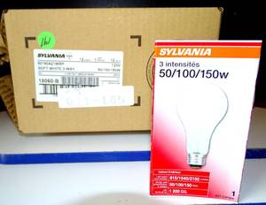 lot 161 image: NEW CASE OF 6  Sylvania  50-100-150-Watt A21 Standard Life 3-Way Incandescent Light Bulb in 2850K Bright White Color Temperature  (6X$)
