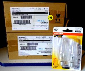 lot 171 image: NEW - 2 BOXES OF 6 2PKS  24 BULBS  Sylvania Incandescent Light Bulb (2 pack) (13777) 60 watt - 120 volt - B10 - Candelabra Screw (E12) Base - 2,850K - Warm White - Clear - Double Life - Torpedo Tip - Decor (2X$)
