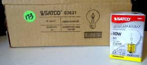 lot 173 image: NEW - BOX OF 10 - Satco S3621 10W 125V S11 Clear E17 Intermediate Base Incandescent Bulb
