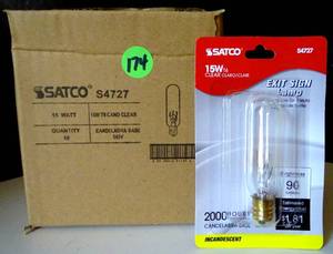 lot 174 image: NEW BOX OF 10 - Satco S4727 Satco 15T6-12N Carded 15 Watt T6.5 145 Volt E12 Candelabra Base Clear 2500 Hour Tubular Incandescent Light Bulb