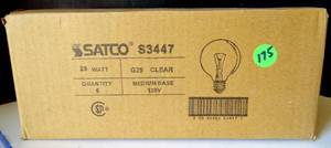 lot 175 image: NEW BOX OF 6 - SATCO 25w Clear Medium Base G25 Incandescent Globe Light Bulb S3447