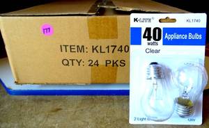 lot 177 image: NEW BOX OF 24 - 2PKS  48 BULBS  K-Lite Appliance Bulbs 2pc 40wt Clear (24X$)