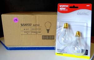 lot 178 image: NEW 10 PACKS OF 2 - Satco S2744 Satco 40A15CE17 2-Pack 40 Watt 120 Volt A15 E17 Intermediate Base Clear Ceiling Fan Incandescent Light Bulb (10X$)