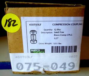 lot 182 image: NEW BOX OF 12 - 12 IPS (34 CTS) Brass Compression Coupling Short (Lead Free) $8.42EA (12X$)