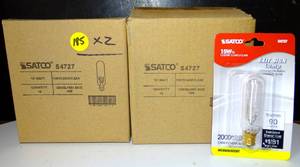lot 185 image: NEW 2 BOXES OF 10  Satco S4727 Satco 15T6-12N Carded 15 Watt T6.5 145 Volt E12 Candelabra Base Clear 2500 Hour Tubular Incandescent Light Bulb (2 X$)