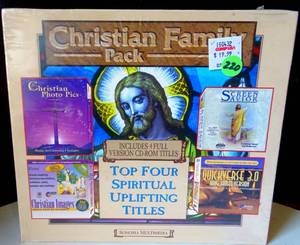 lot 220 image: UNOPENEDSEALED - VINTAGE CHRISTIAN FAMILY SOFTWARE PACK WITH 4 TITLES (COMP USA STICKER)