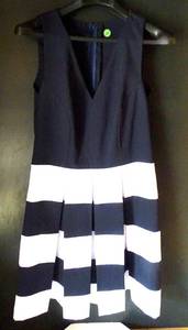 lot 235 image: UNWORN - BEAUTIFUL CUSTOM MADE IN VIETNAM - CUTE BLUE & WHITE STRIPED PLEATED DRESS (APPROXIMATE SIZE 12)