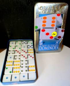 lot 261 image: DOUBLE 6 COLOR DOT DOMINOES IN METAL STORAGE BOX