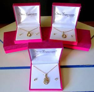 lot 275 image: NEW - 6 UNITS - SILVER EXPRESSIONS by LAROCKS DIAMOND GEMSTONE ENCRUSTED GOLD CHARM NECKLACE AND STUD EARRINGS (6X$)