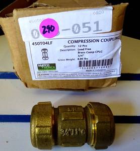 lot 290 image: $$$ BOX OF 12 - 34 IPS (1 CTS) Brass Compression Coupling (Lead Free) - $13.42EA (12X$)