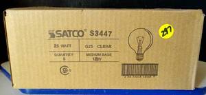 lot 297 image: NEW BOX OF 6 - SATCO 25w Clear Medium Base G25 Incandescent Globe Light Bulb S3447