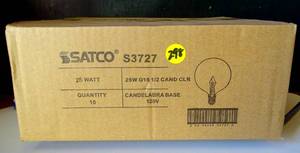 lot 298 image: NEW BOX OF 10 - Satco 25W Clear Candelabra Base G16.5 Incandescent Globe Light Bulb
