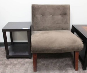 lot 11 image: Mandell Velvet Accent chair with buttons (2W x 28D x 17 seat Height) and small side table (15.5 square x 20H)