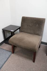 lot 12 image: Mandell Velvet Accent chair with buttons (2W x 28D x 17 seat Height) and small side table (15.5 square x 20H)