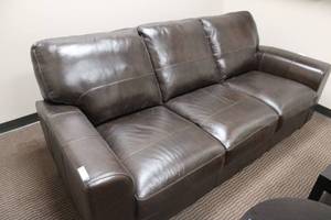 lot 2 image: Brown Leather-like Couch - 7L x 38D x 18 seat height