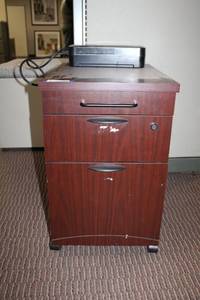 lot 31 image: Rolling 2-drawer file cabinet by National - 16.5W x 24D x 26.5H and APC Backup Battery Surge Protector