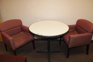 lot 52 image: 3 Round pedestal table x 30 Tall and (2) Upholstered Armchairs