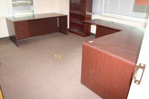 lot 56 image: U-shape office desk by National - (2) 6L x 3W x 29H and (1) L Connector piece