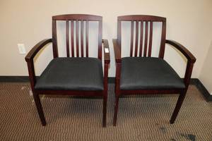 lot 60 image: Pair of cherry colored mission style armchairs