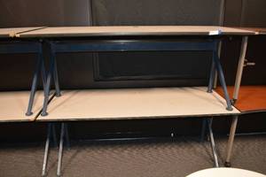lot 92 image: (2) Rectangle Tables with white tops and blue angled front legs - 6W x 30D x 28.5H