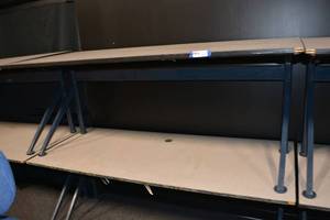 lot 93 image: (2) Rectangle Tables with white tops and blue angled front legs - 6W x 30D x 28.5H