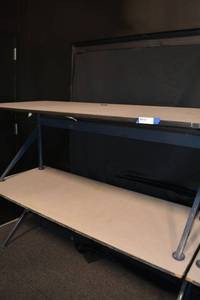 lot 94 image: (2) Rectangle Tables with white tops and blue angled front legs - 6W x 30D x 28.5H