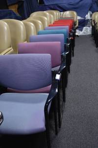 lot 118 image: (11) Purple, red, and blue cushioned arm chair