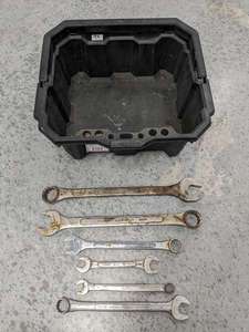 lot 93 image: Lot of 6 - Assorted Wrenches w Husky Container