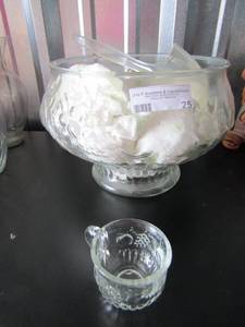 lot 25 image: CLEAR GLASS PUNCH BOWL WITH GRAPE DESIGN WITH 12 HANDLED CUPS ALSO COMES WITH A SCOOP