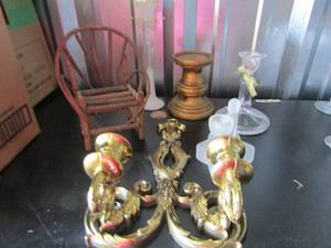 lot 32 image: HOUSE HOLD DCOR 8IN SMALL WICKER CHAIR, CANDLE STICK HOLDER, GOLD DOUBLE STICK CANDLE HOLDER AND MORE