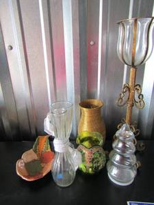 lot 36 image: home dcor lot icludes vases, candle stand, Christmas tree jar and more