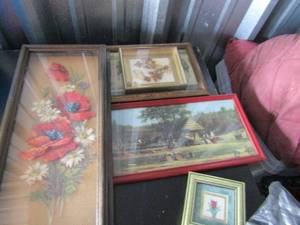 lot 39 image: lot of wall art double rose 12x6, shadow box 17x8, 2 red frames 13x7, pilgram pic 10x7, butterfly pic 6x5