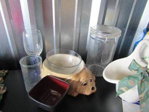 lot 44 image: puppy dog water bowl, flower container, glass handled basket and more
