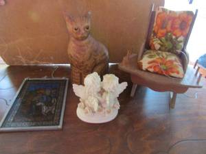 lot 58 image: small stain glass picture 7x5, wooden cat with yellow eyes, wooden rocking chair with cousion, glass porcelain love angels