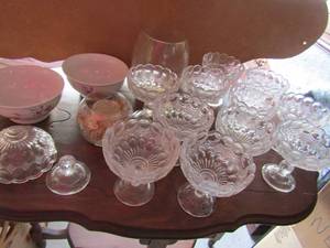 lot 61 image: 11 bubble glass sherbet cups  1 that needs repair, 2 pink flower bone China bowls, thick clear glass vase