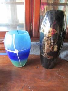 lot 70 image: black vase with japan design of a woman 15, various color vases baby blue, dark blue, and green 10 inches tall